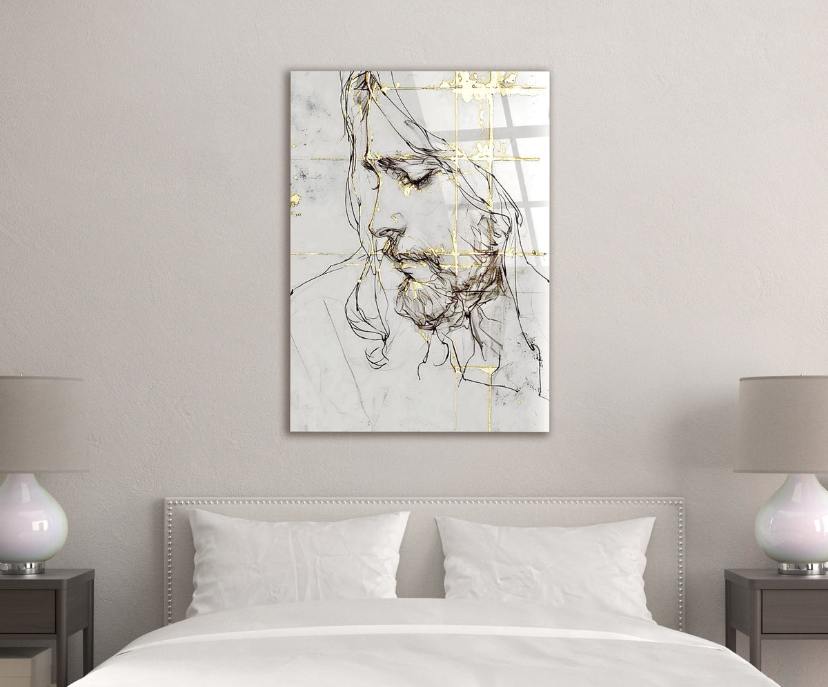 Jesus Line Sketch with Gold Accents Glass Wall Art in a living room interior