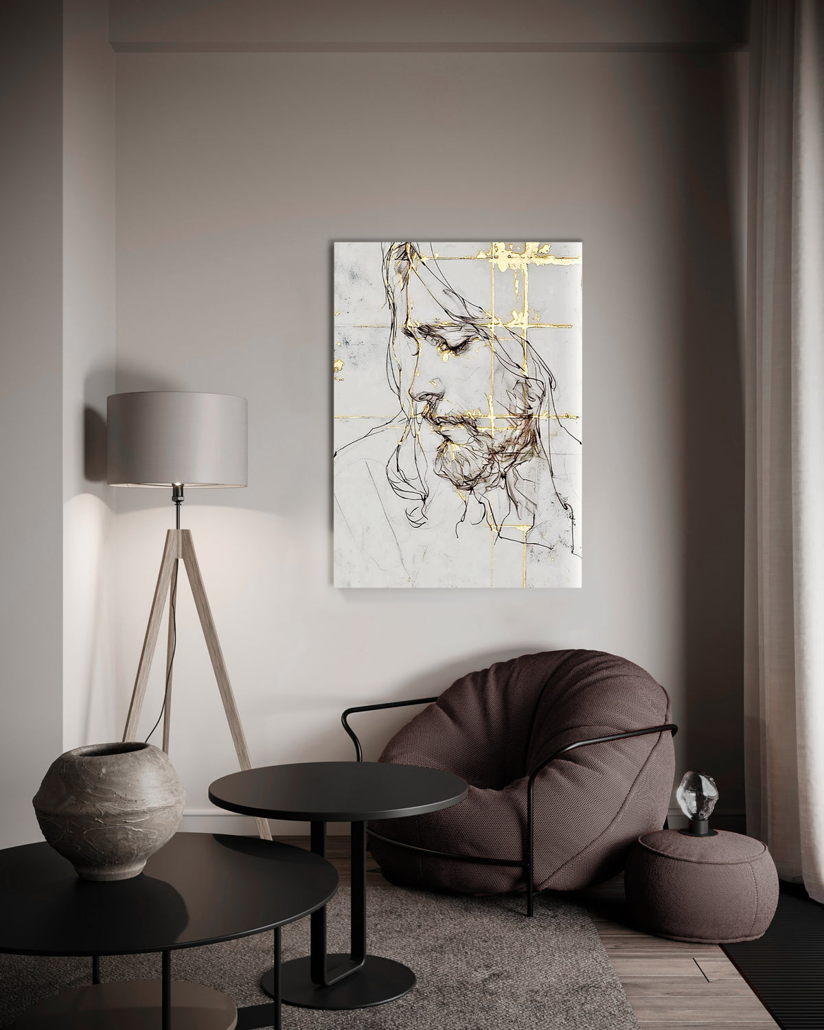 Jesus Line Sketch with Gold Accents Glass Wall Art in a modern interior