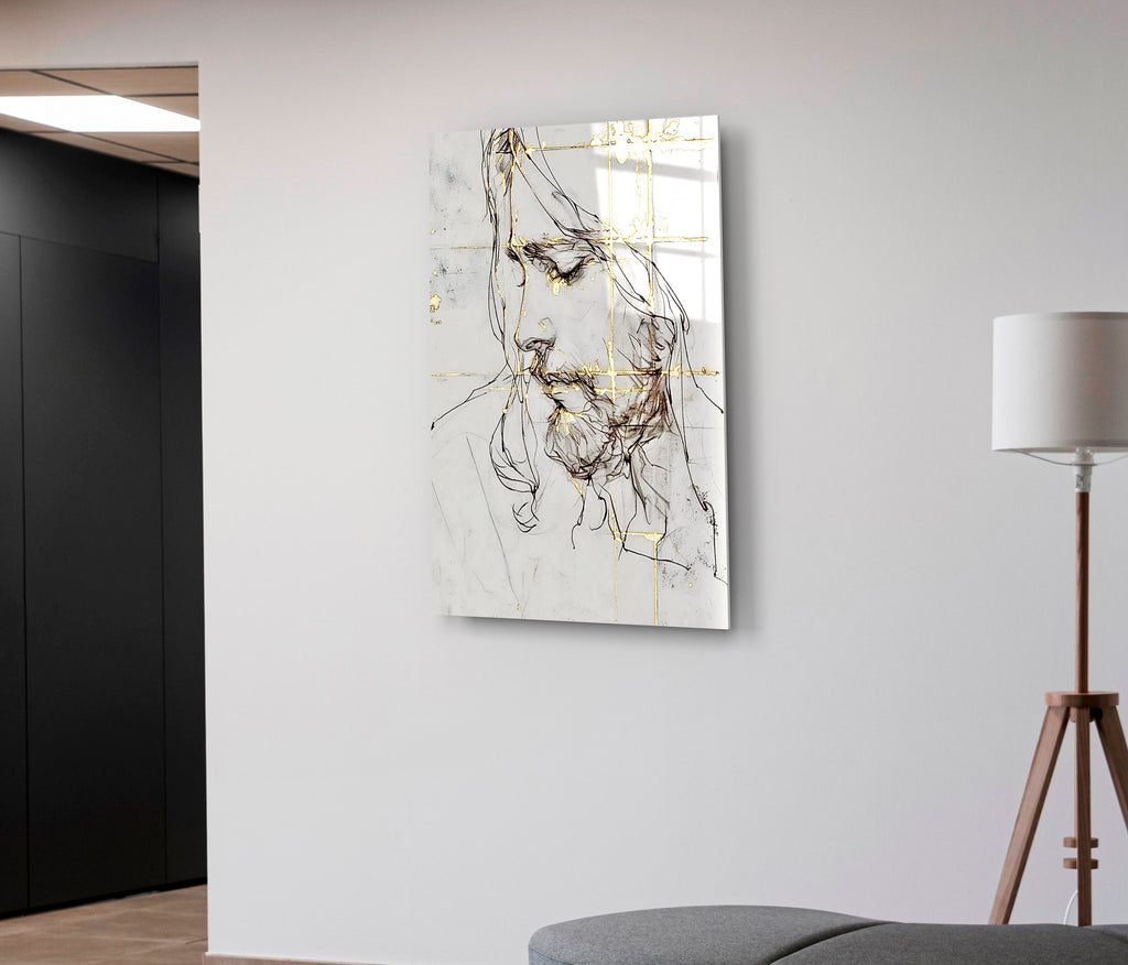 Jesus Line Sketch with Gold Accents Glass Wall Art on the wall