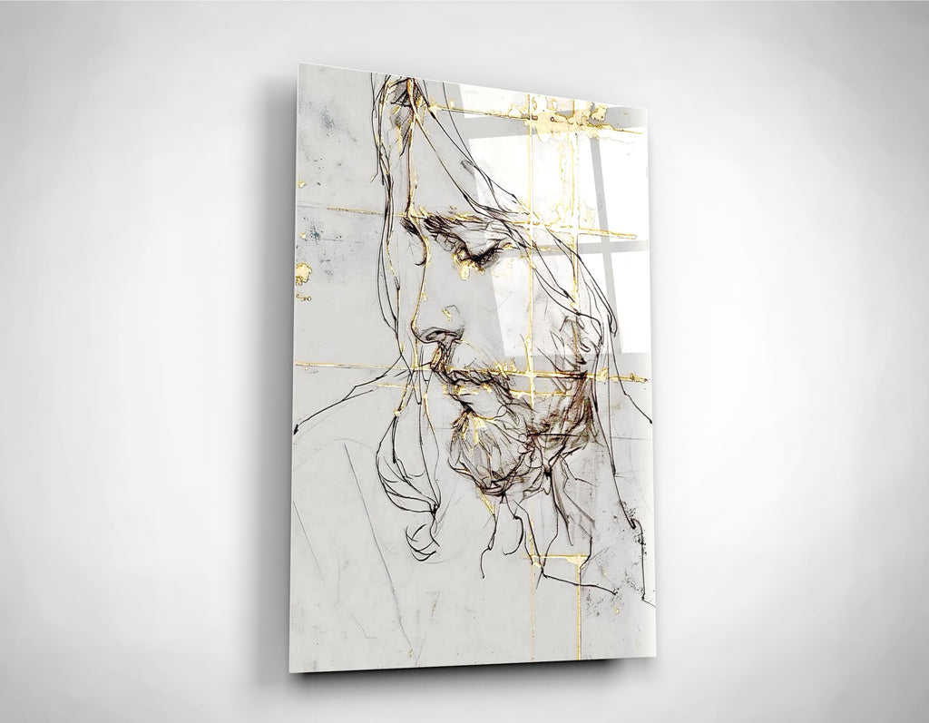 Jesus Line Sketch with Gold Accents Glass Wall Art close-up