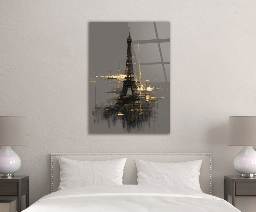 Abstract Gold Eiffel Tower Sketch Glass Wall Art in a living room interior