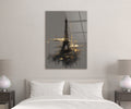 Abstract Gold Eiffel Tower Sketch Glass Wall Art in a living room interior