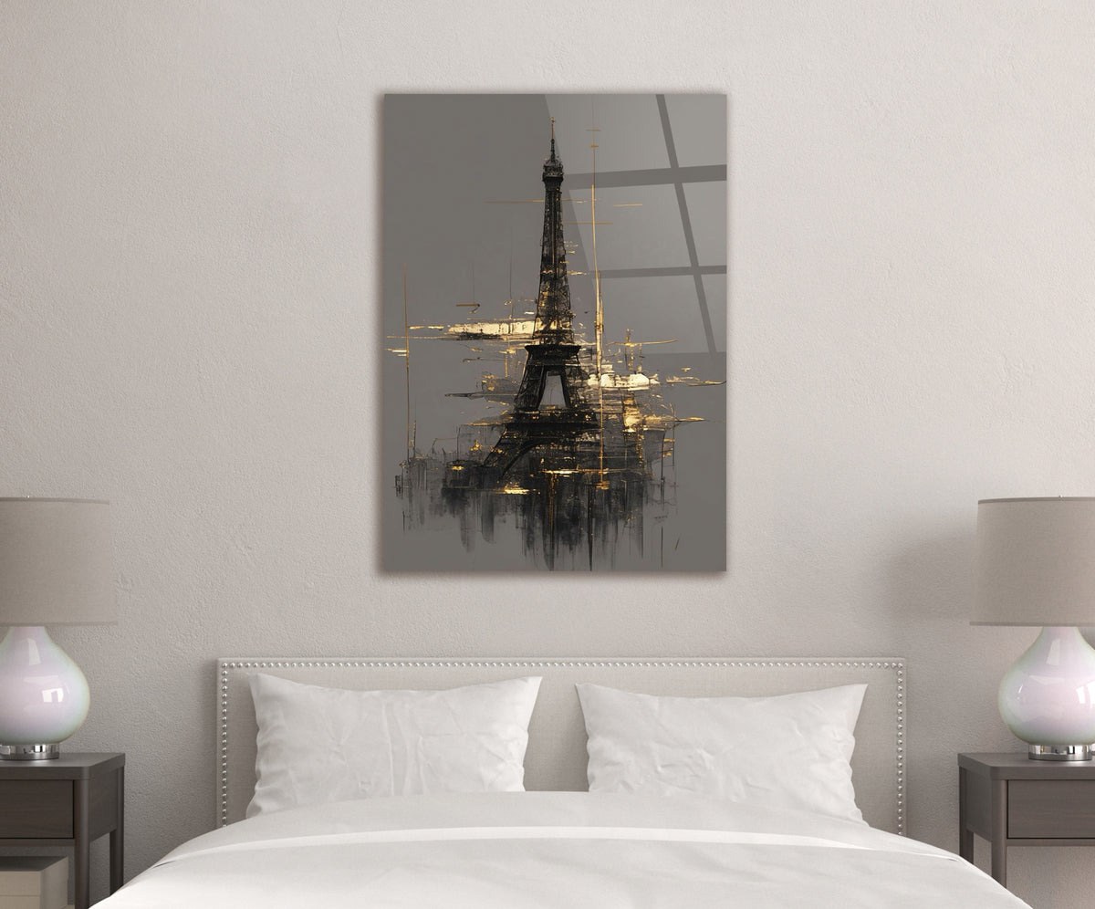 Abstract Gold Eiffel Tower Sketch Glass Wall Art in a living room interior