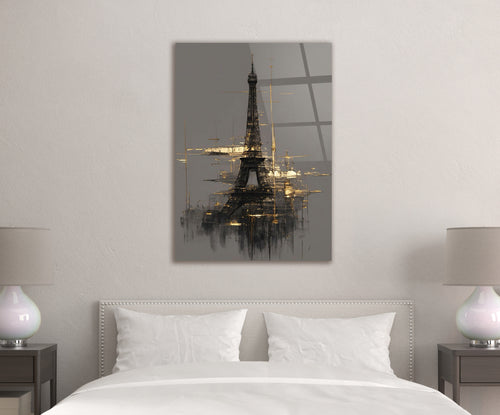 Abstract Gold Eiffel Tower Sketch Glass Wall Art in a living room interior
