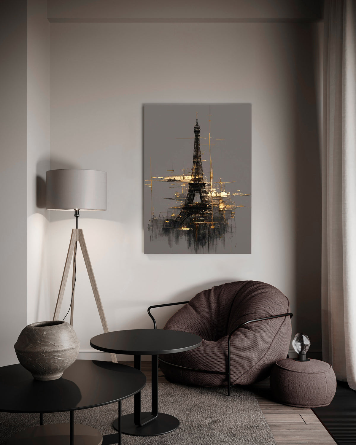 Abstract Gold Eiffel Tower Sketch Glass Wall Art in a modern interior