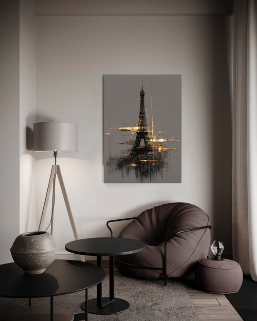 Abstract Gold Eiffel Tower Sketch Glass Wall Art in a modern interior