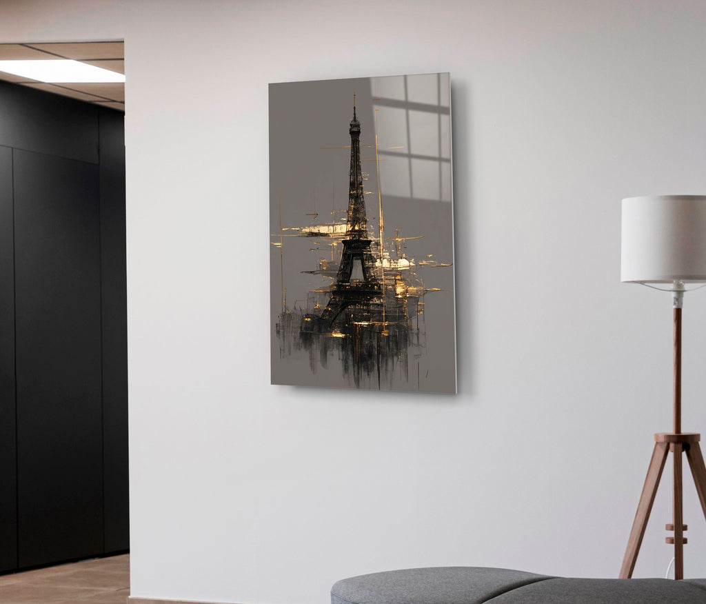 Abstract Gold Eiffel Tower Sketch Glass Wall Art on the wall