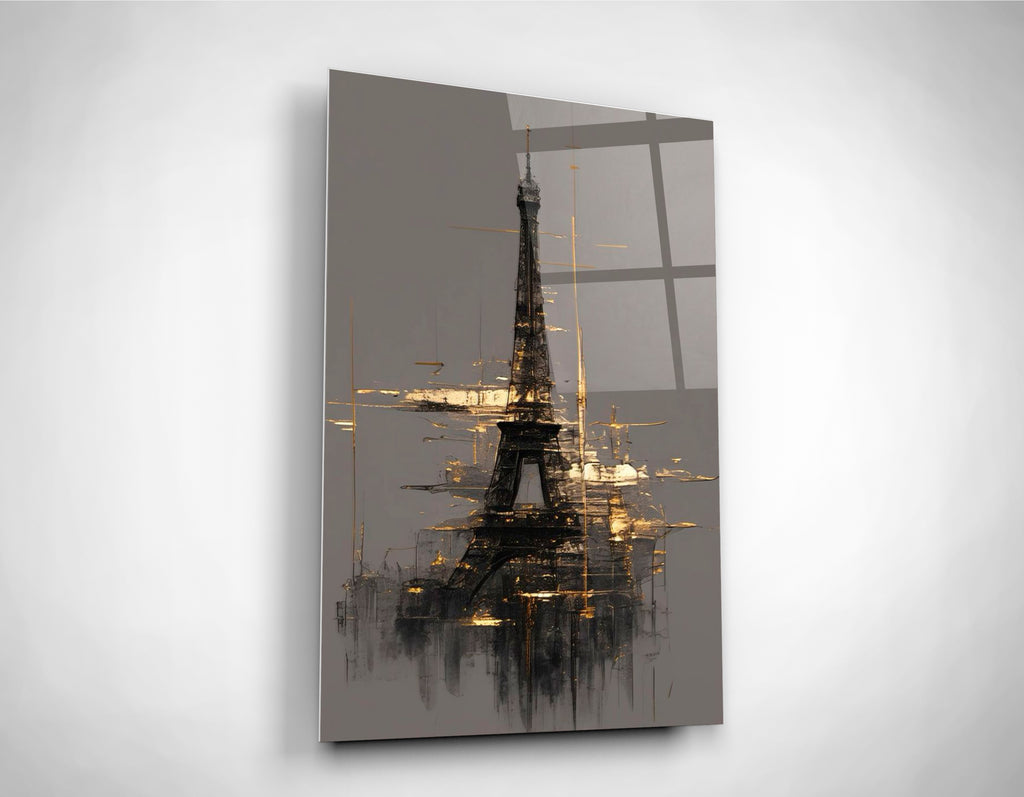 Abstract Gold Eiffel Tower Sketch Glass Wall Art close-up