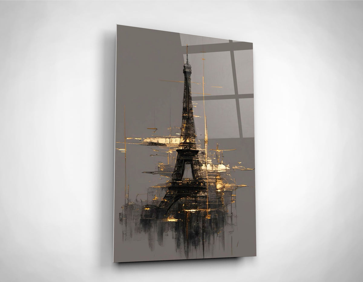 Abstract Gold Eiffel Tower Sketch Glass Wall Art close-up