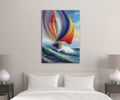 Rainbow Sail Mosaic Seascape Glass Wall Art in a living room interior