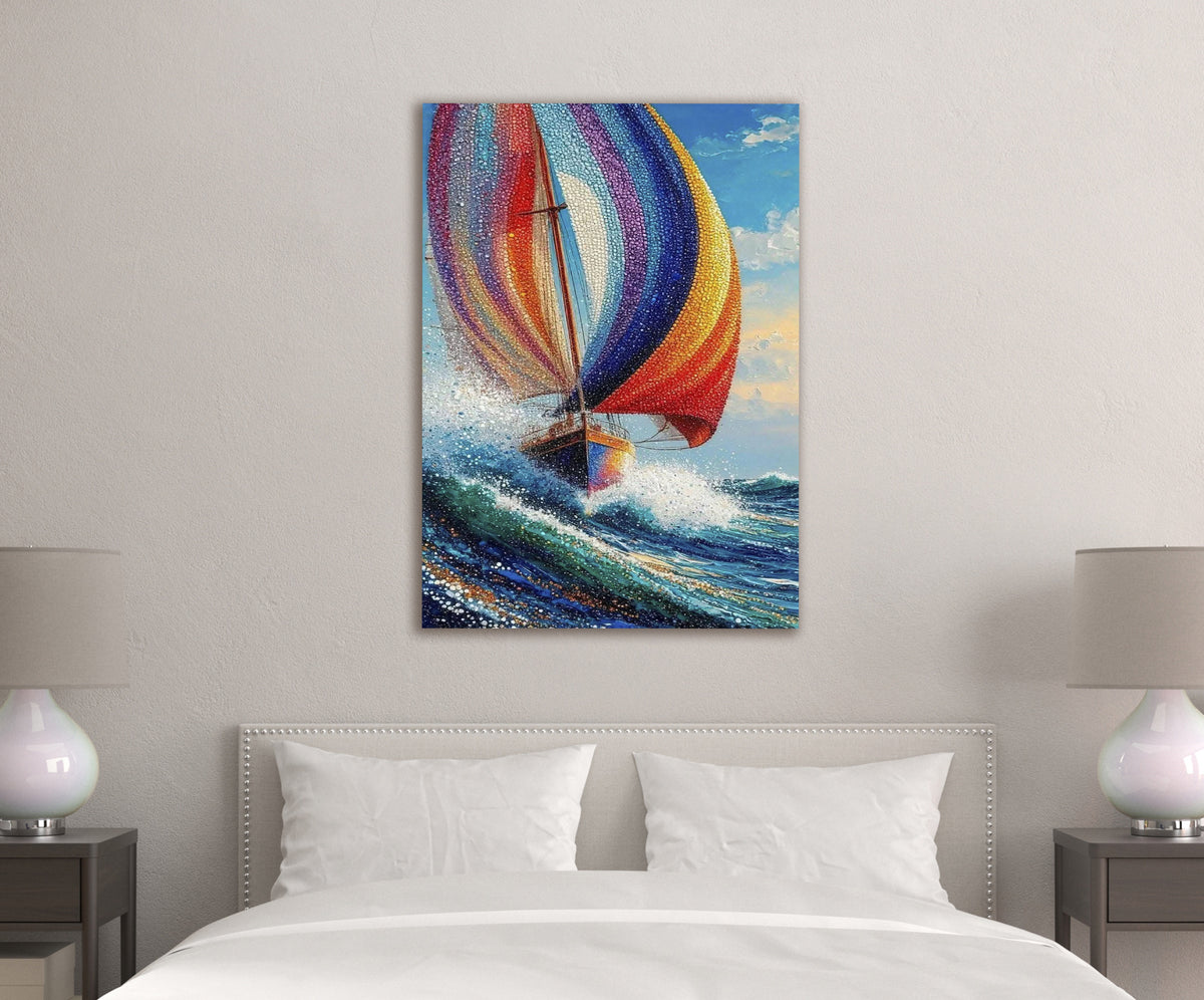 Rainbow Sail Mosaic Seascape Glass Wall Art in a living room interior