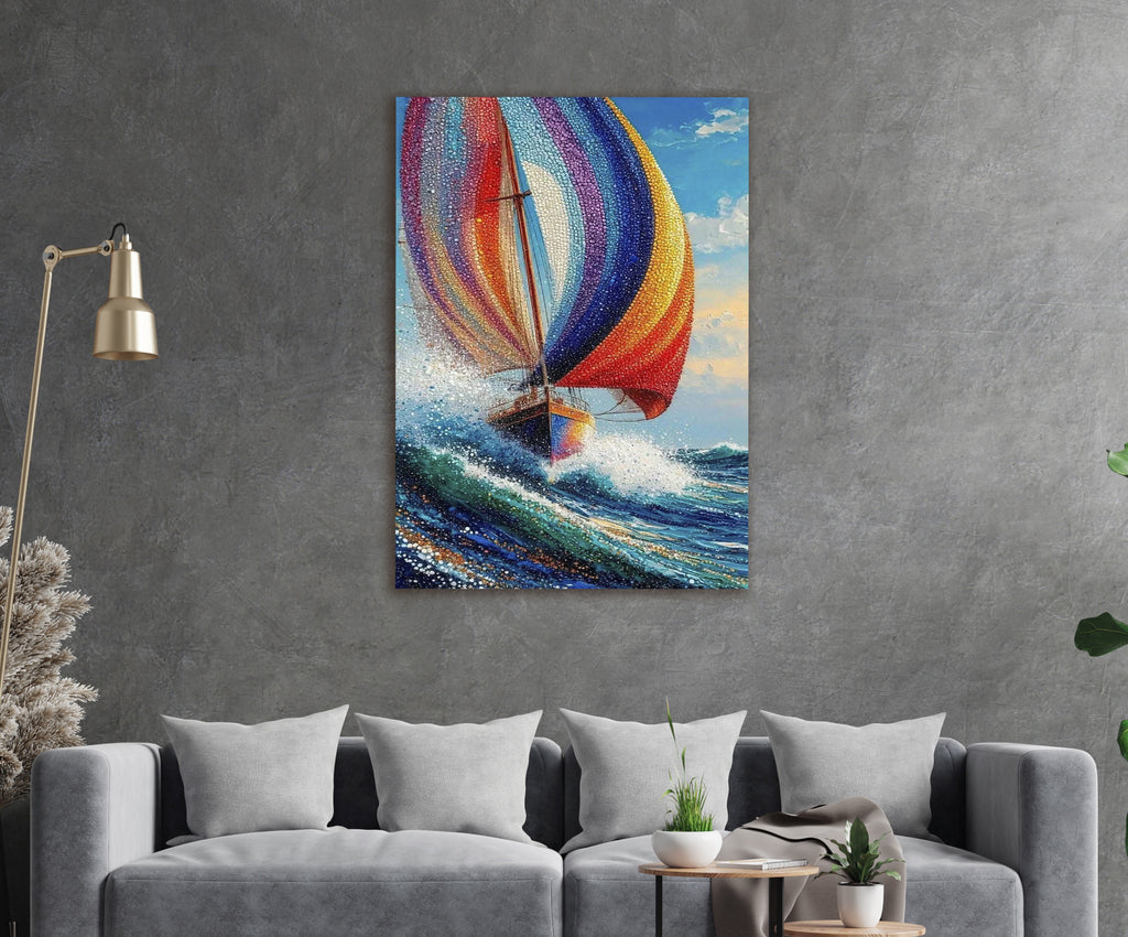 Rainbow Sail Mosaic Seascape Glass Wall Art in a modern interior