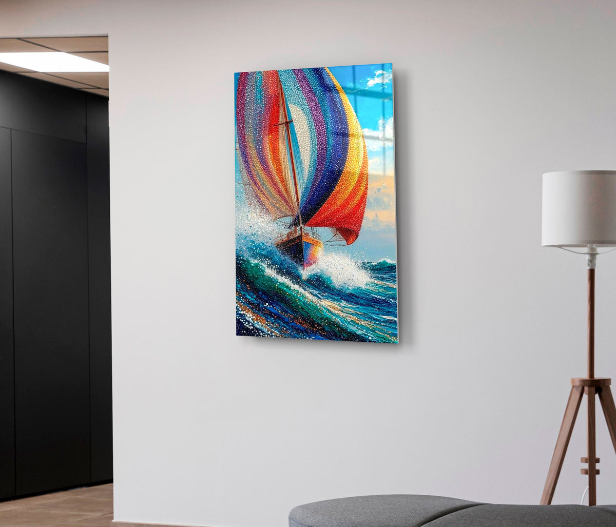 Rainbow Sail Mosaic Seascape Glass Wall Art on the wall