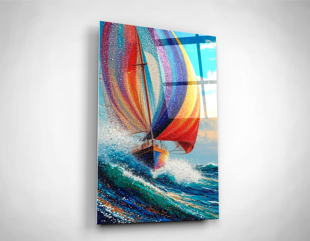 Rainbow Sail Mosaic Seascape Glass Wall Art close-up