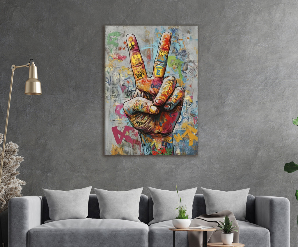 Graffiti Peace Sign Hand Glass Wall Art in a living room interior