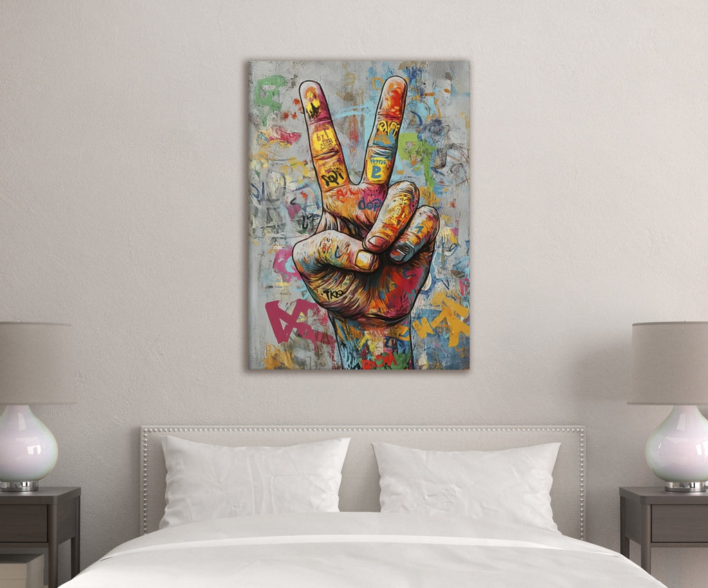 Graffiti Peace Sign Hand Glass Wall Art in a modern interior