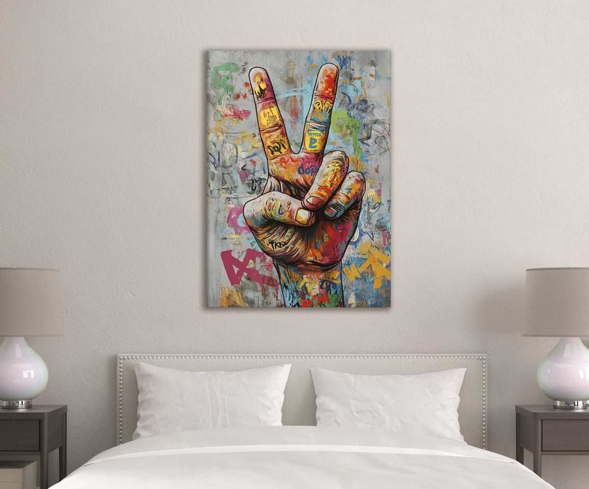 Graffiti Peace Sign Hand Glass Wall Art in a modern interior