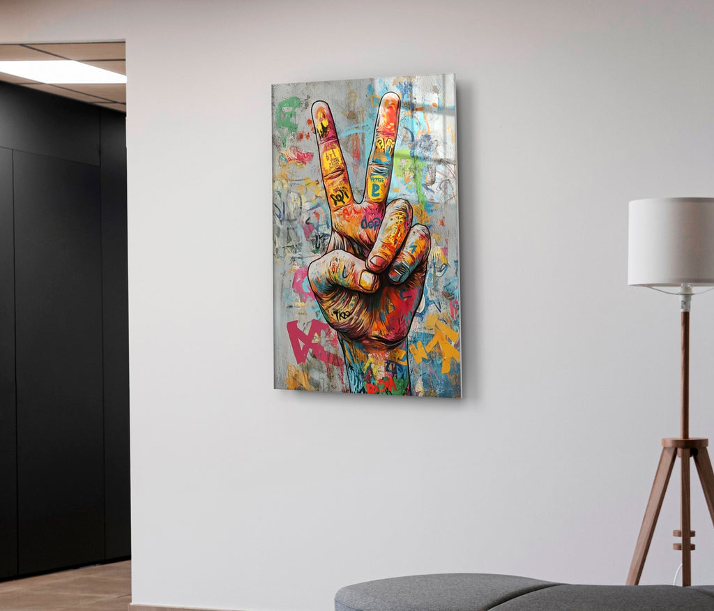Graffiti Peace Sign Hand Glass Wall Art on the wall