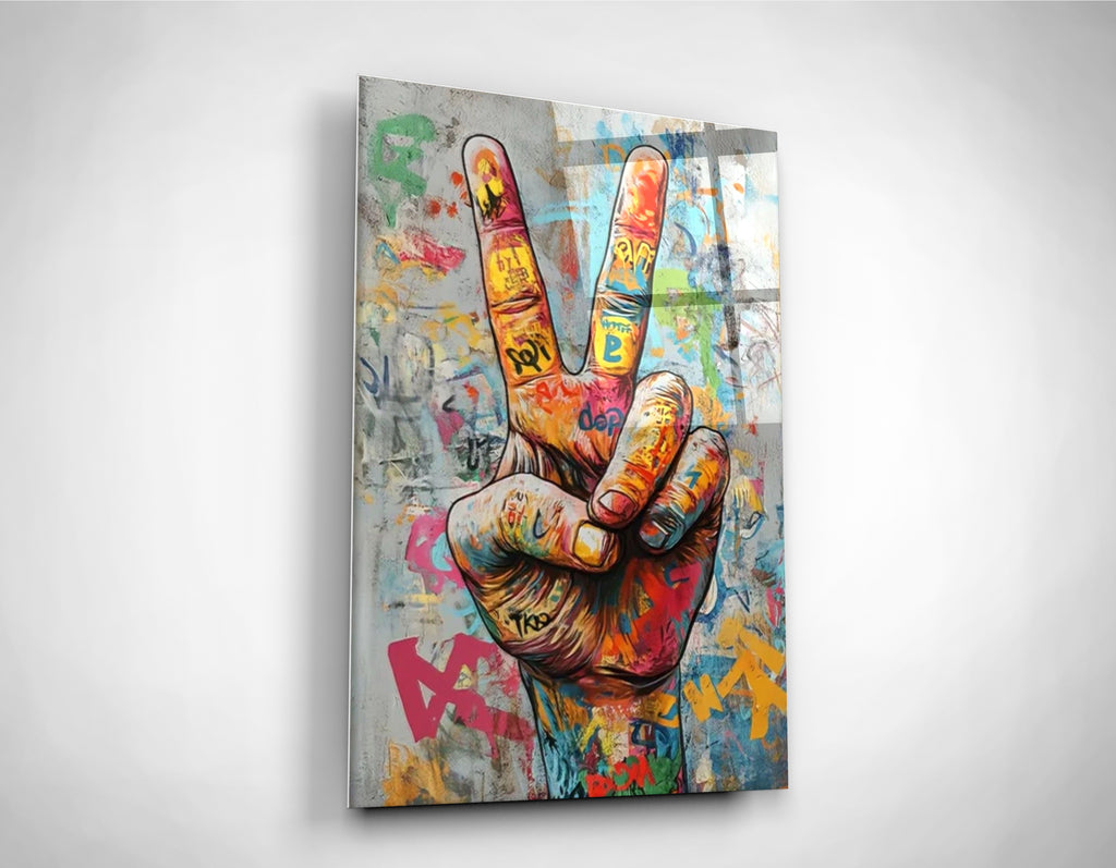 Graffiti Peace Sign Hand Glass Wall Art close-up