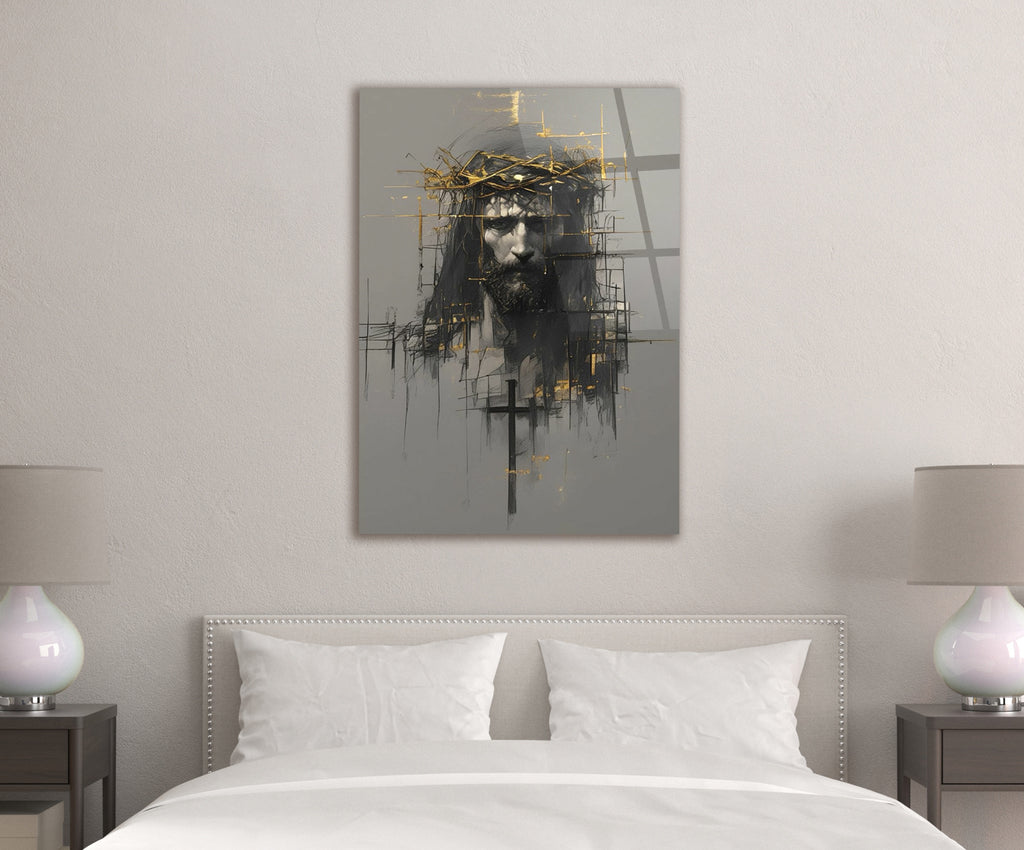 Jesus Crown of Thorns Abstract Sketch Glass Wall Art in a living room interior