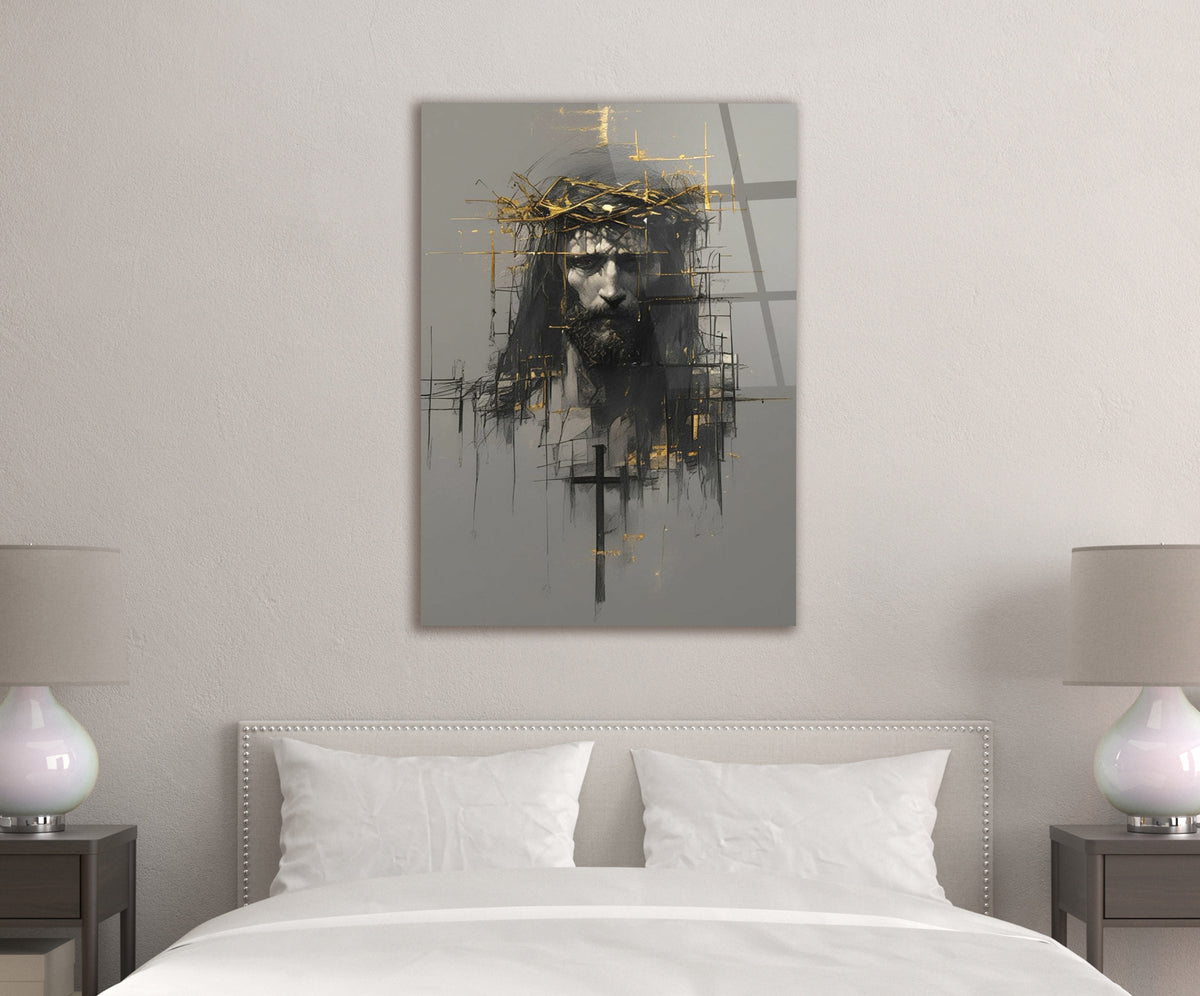 Jesus Crown of Thorns Abstract Sketch Glass Wall Art in a living room interior