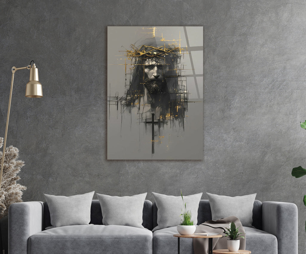 Jesus Crown of Thorns Abstract Sketch Glass Wall Art in a modern interior
