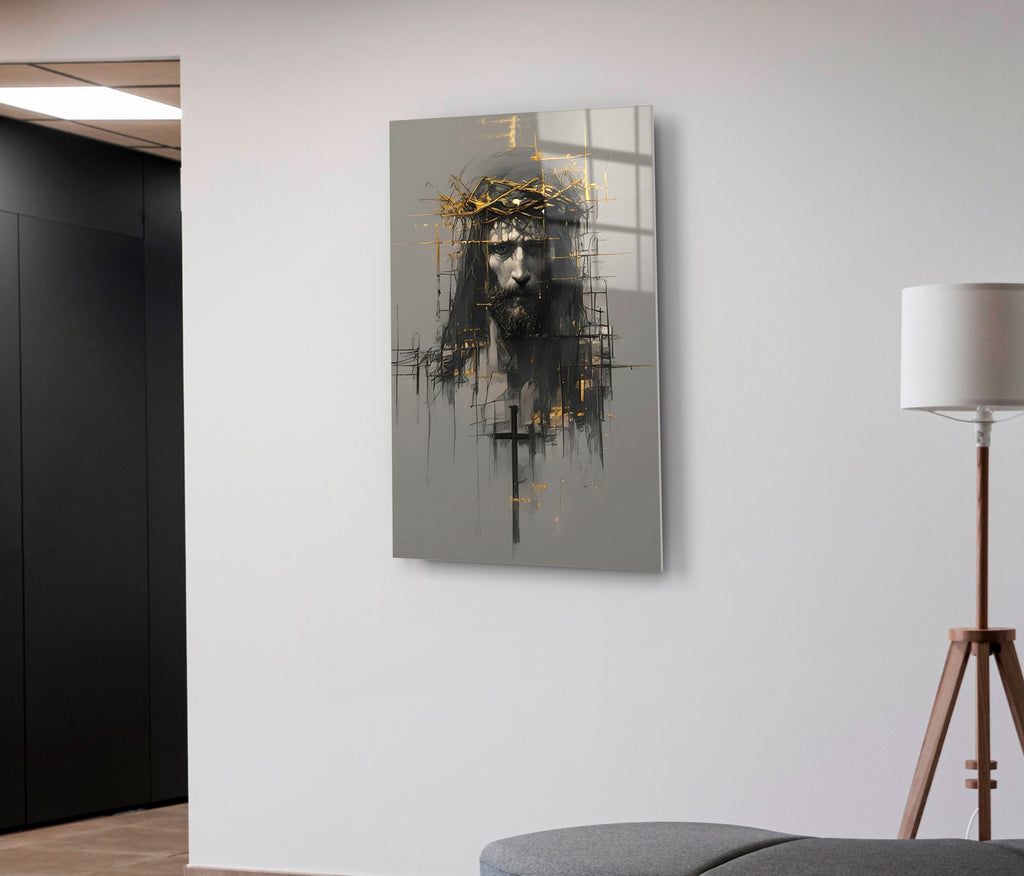 Jesus Crown of Thorns Abstract Sketch Glass Wall Art on the wall