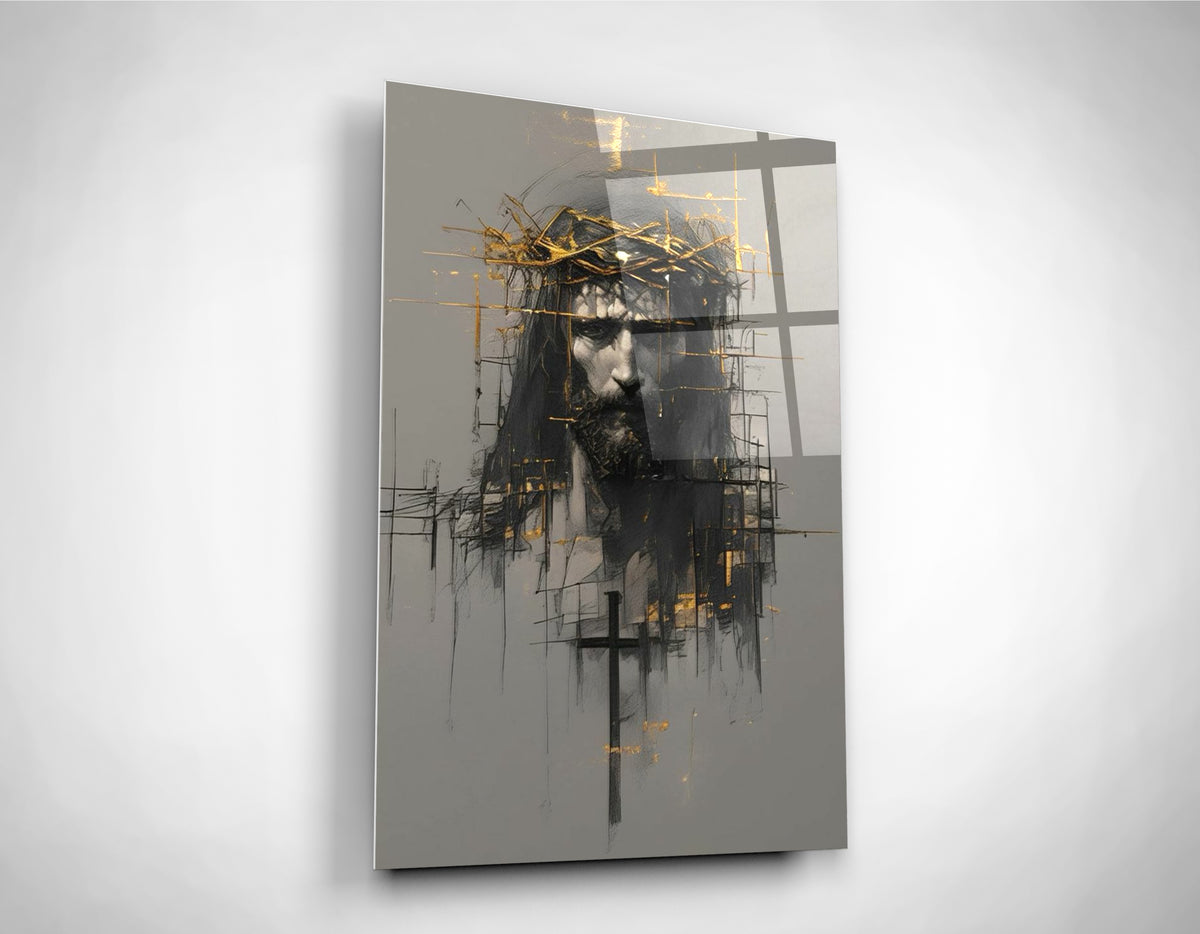 Jesus Crown of Thorns Abstract Sketch Glass Wall Art close-up