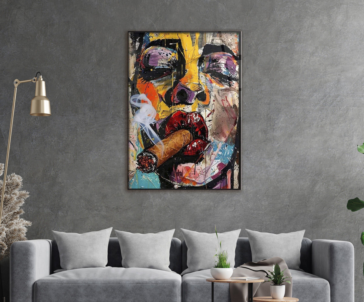 Cigar Smoking Woman Graffiti Pop Art Glass Wall Art in a living room interior