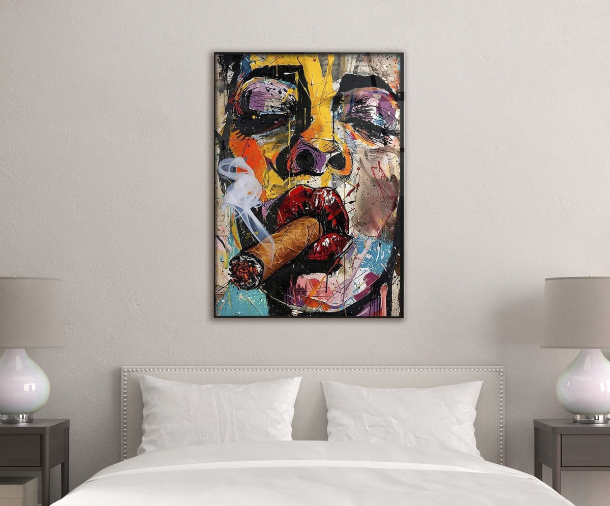 Cigar Smoking Woman Graffiti Pop Art Glass Wall Art in a modern interior