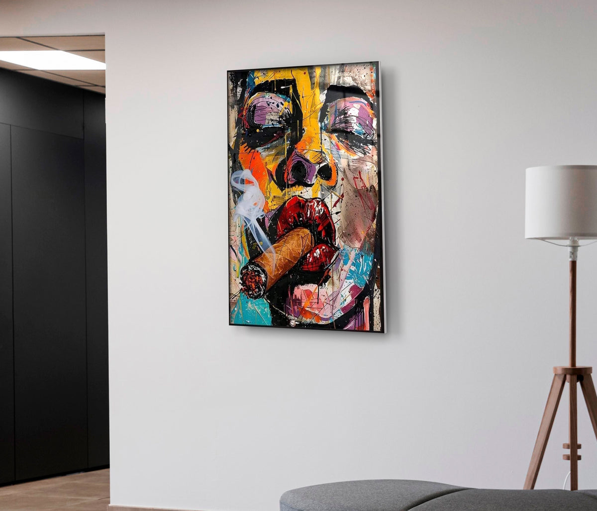 Cigar Smoking Woman Graffiti Pop Art Glass Wall Art on the wall