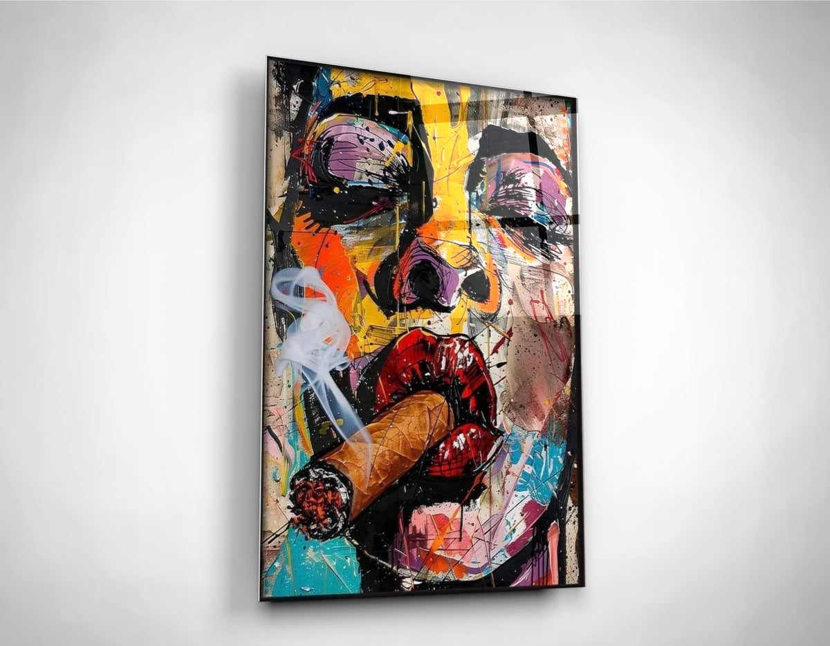 Cigar Smoking Woman Graffiti Pop Art Glass Wall Art close-up