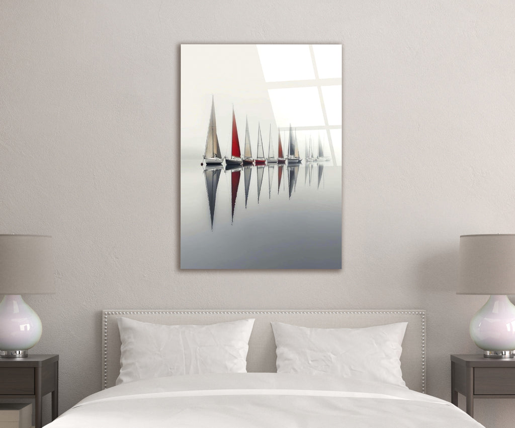 Minimalist Sailboat Reflections Glass Wall Art in a living room interior
