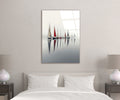 Minimalist Sailboat Reflections Glass Wall Art in a living room interior
