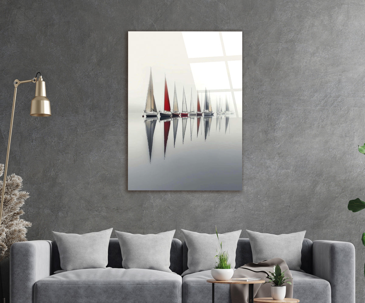 Minimalist Sailboat Reflections Glass Wall Art in a modern interior
