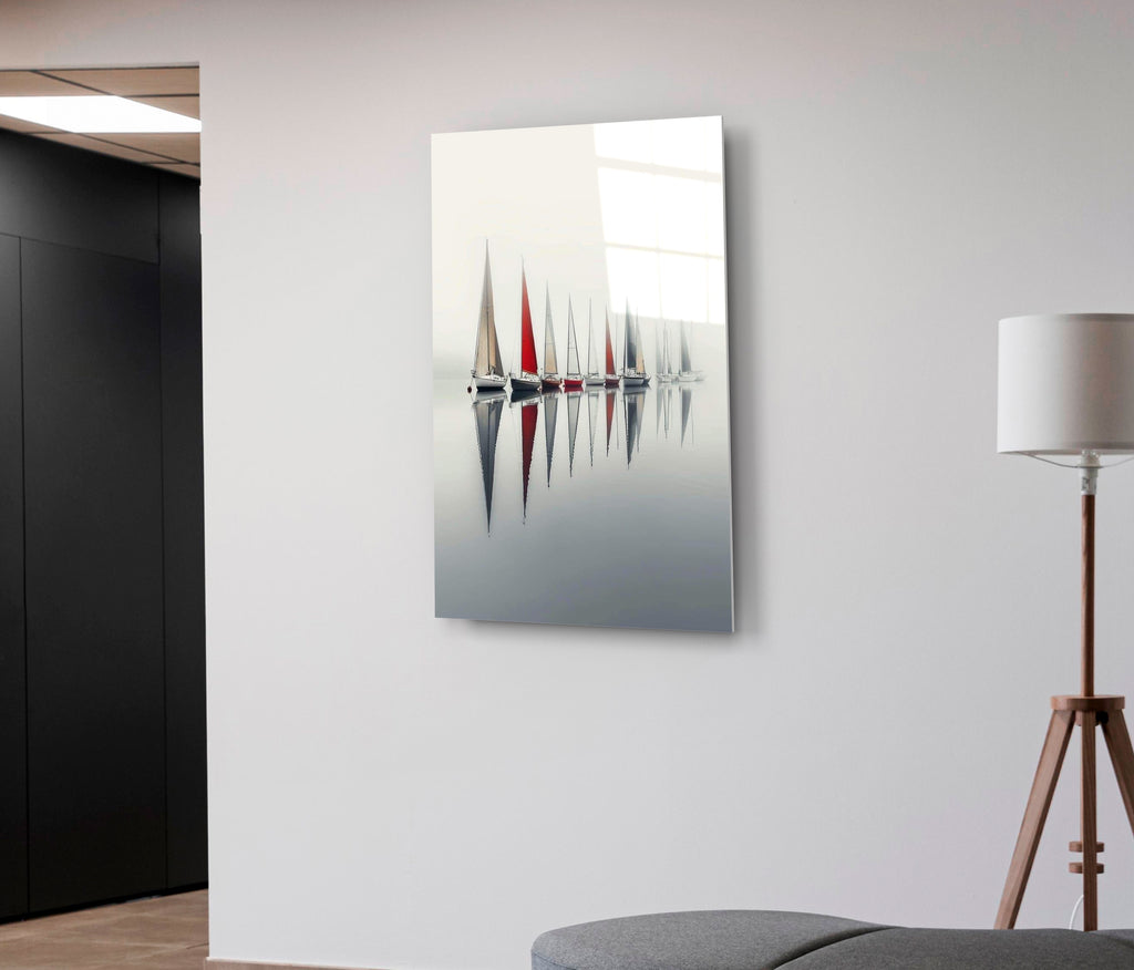 Minimalist Sailboat Reflections Glass Wall Art on the wall