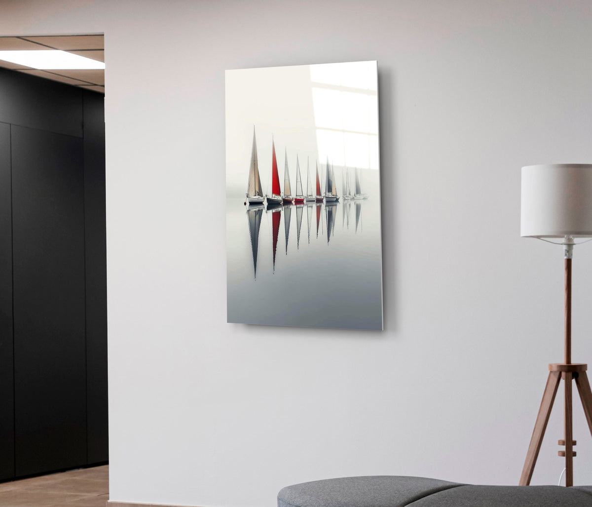 Minimalist Sailboat Reflections Glass Wall Art on the wall