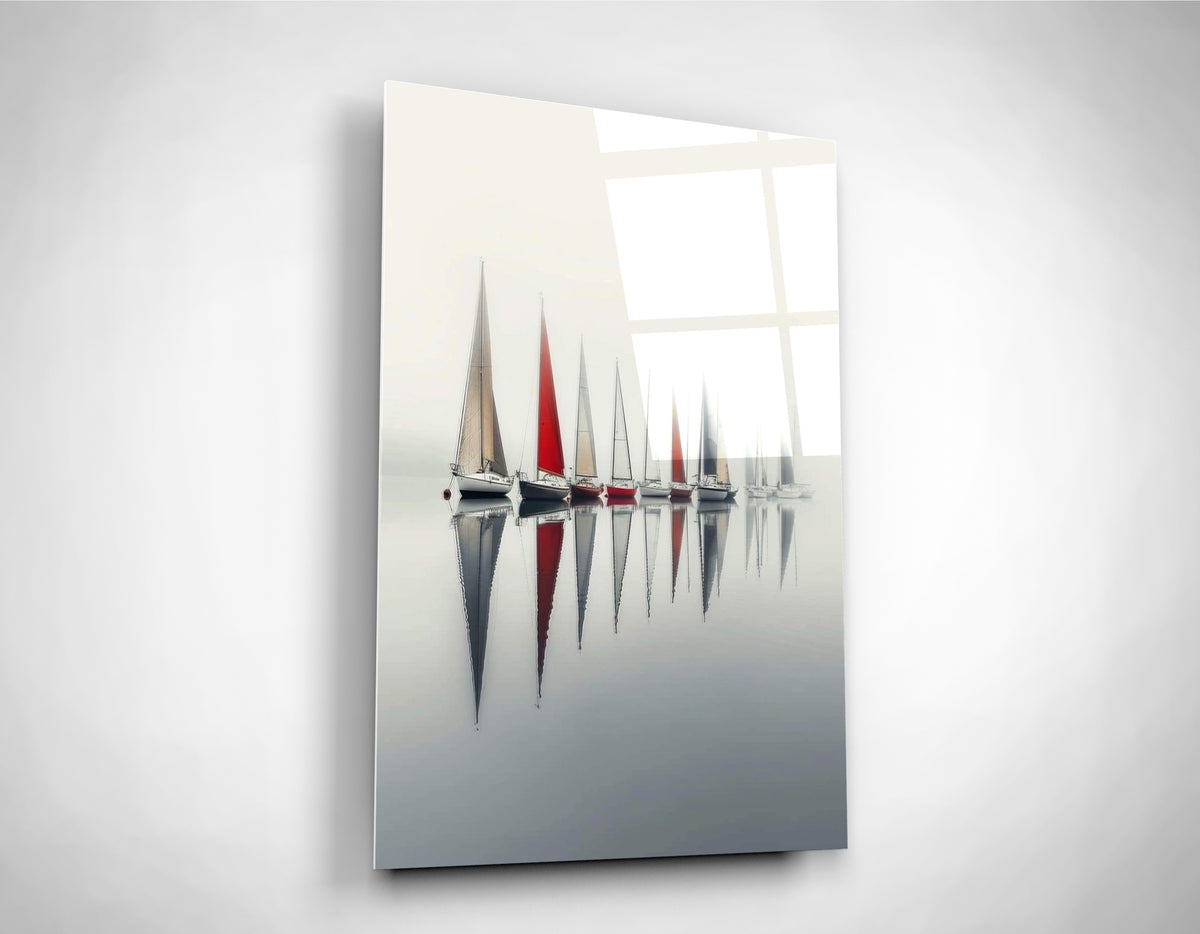 Minimalist Sailboat Reflections Glass Wall Art close-up