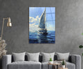Impressionist Sailboat on Blue Sea Glass Wall Art in a living room interior