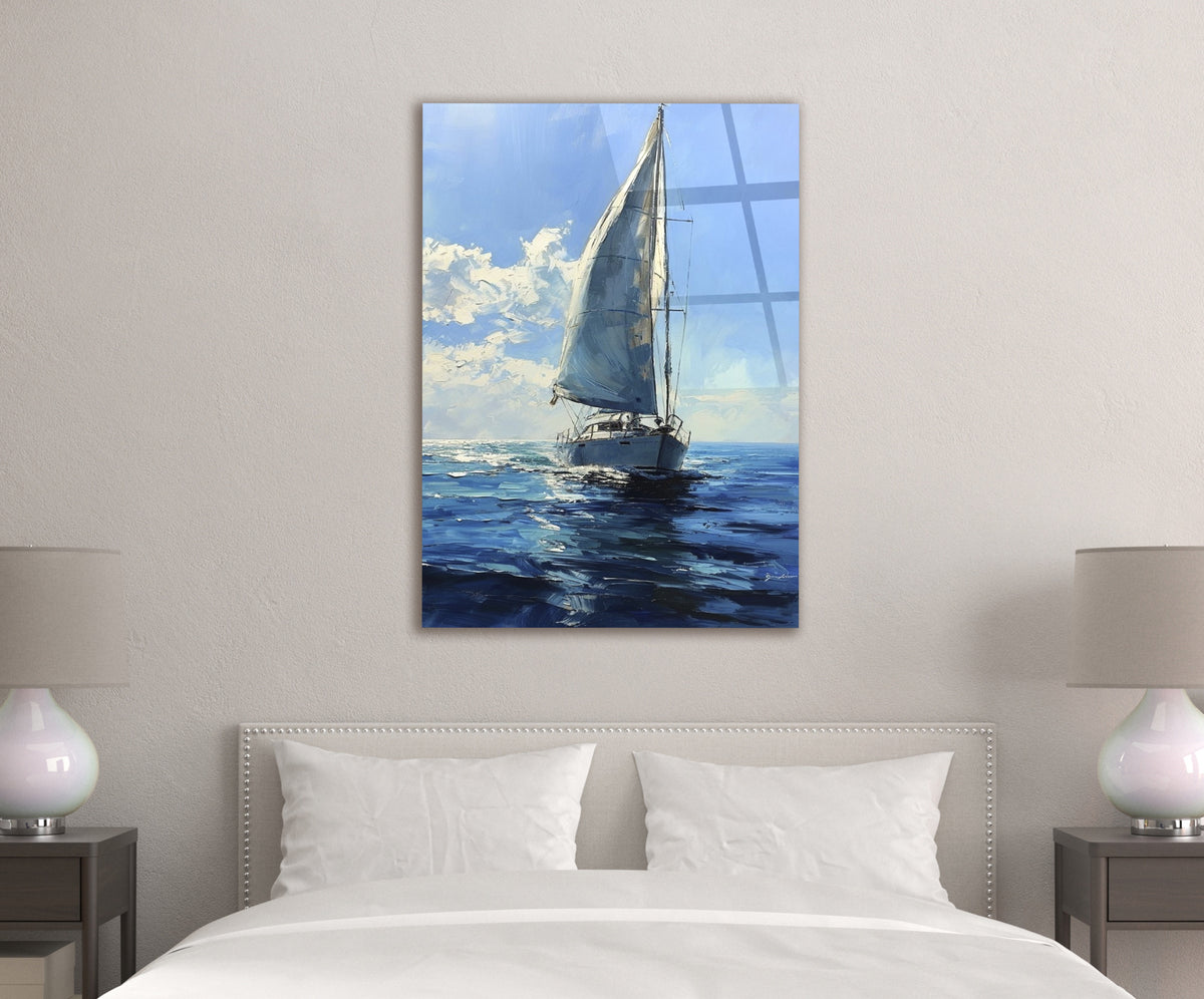 Impressionist Sailboat on Blue Sea Glass Wall Art in a modern interior