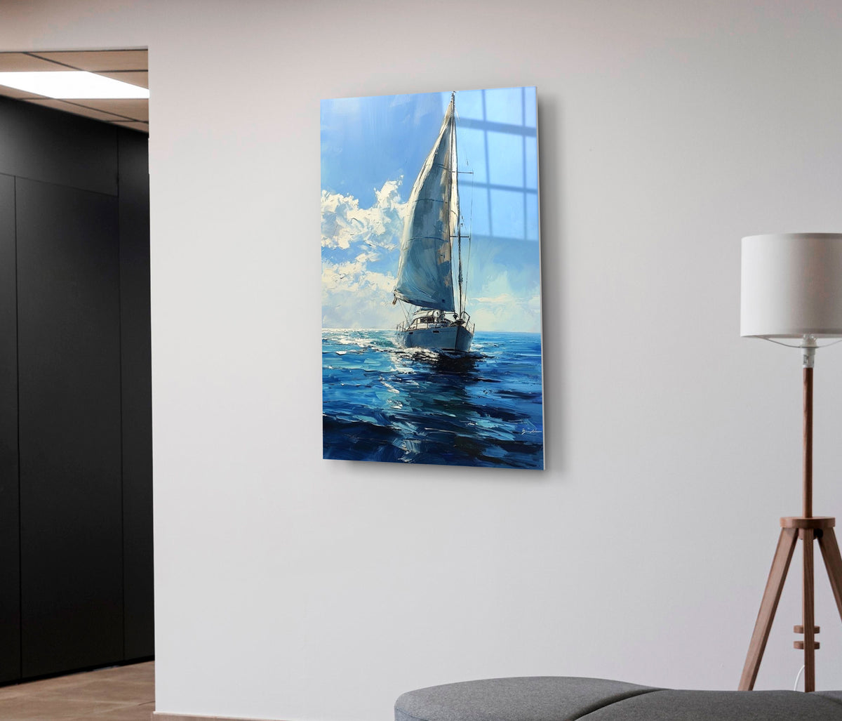 Impressionist Sailboat on Blue Sea Glass Wall Art on the wall