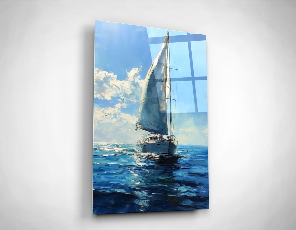 Impressionist Sailboat on Blue Sea Glass Wall Art close-up