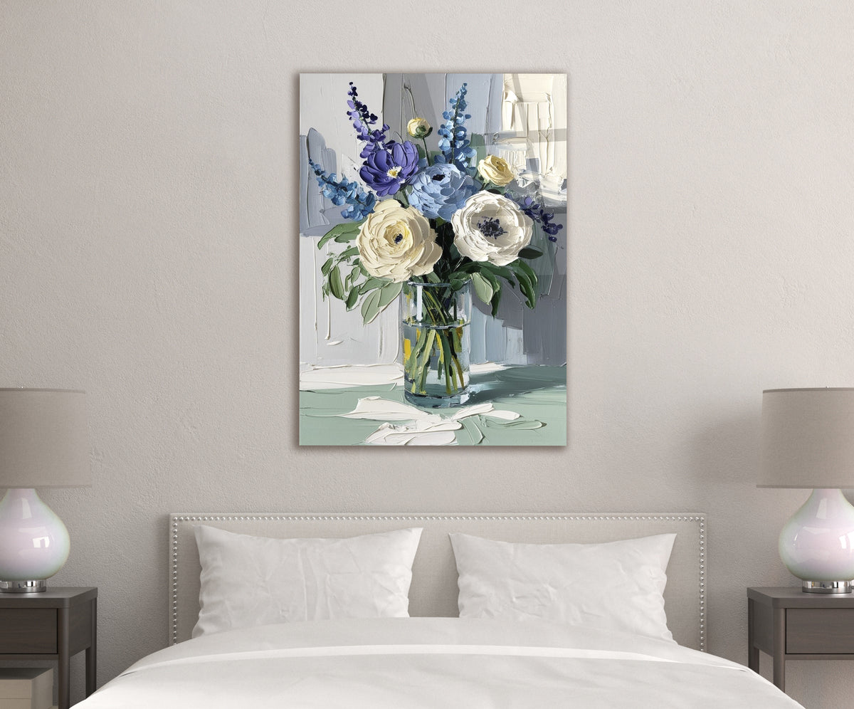 Impasto Floral Bouquet in Vase Glass Wall Art in a modern interior