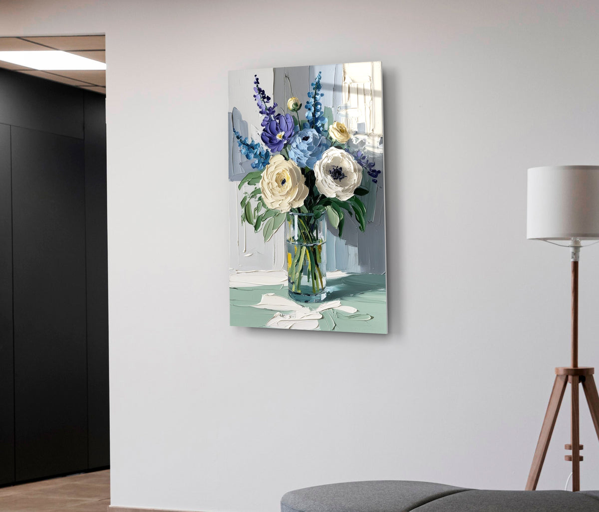 Impasto Floral Bouquet in Vase Glass Wall Art on the wall