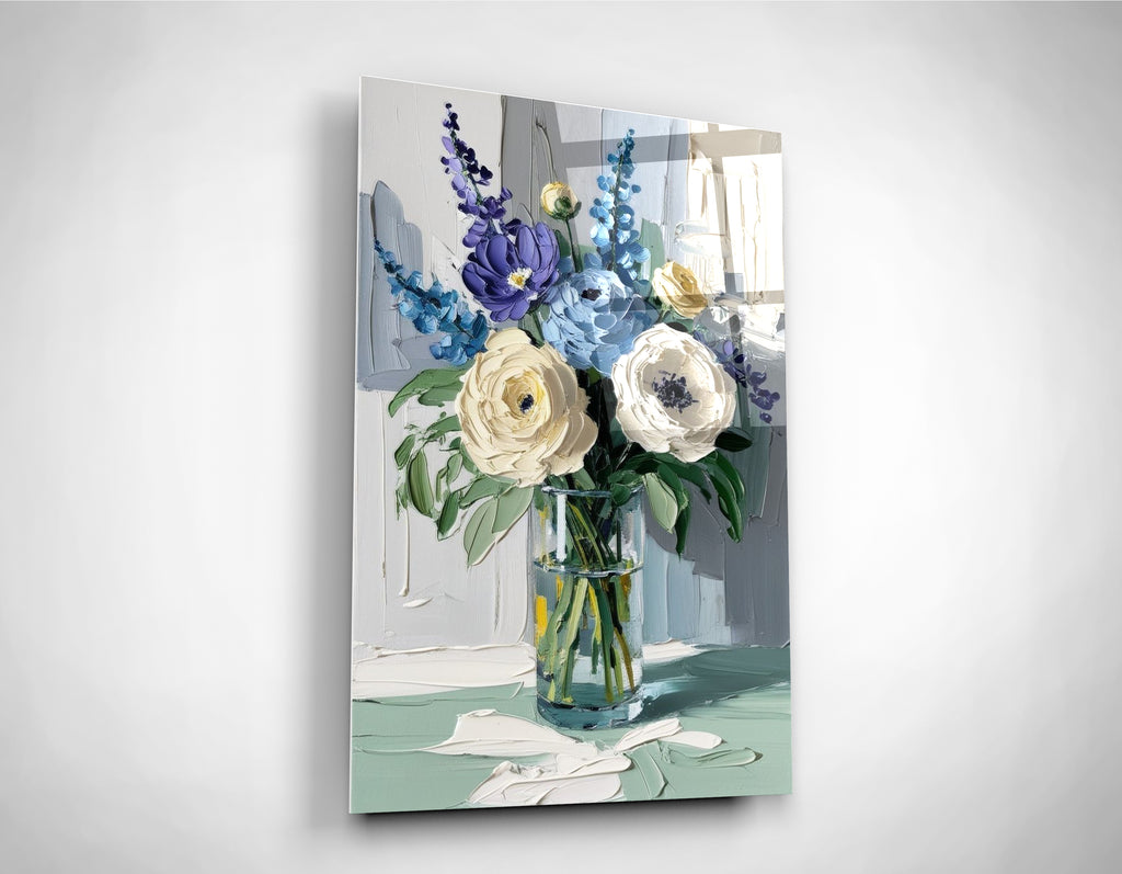 Impasto Floral Bouquet in Vase Glass Wall Art close-up