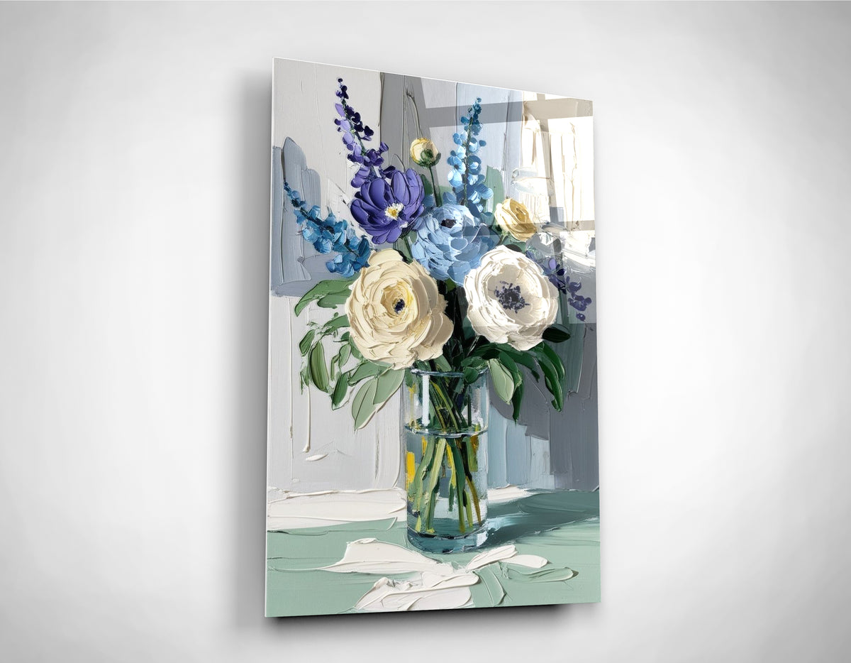 Impasto Floral Bouquet in Vase Glass Wall Art close-up