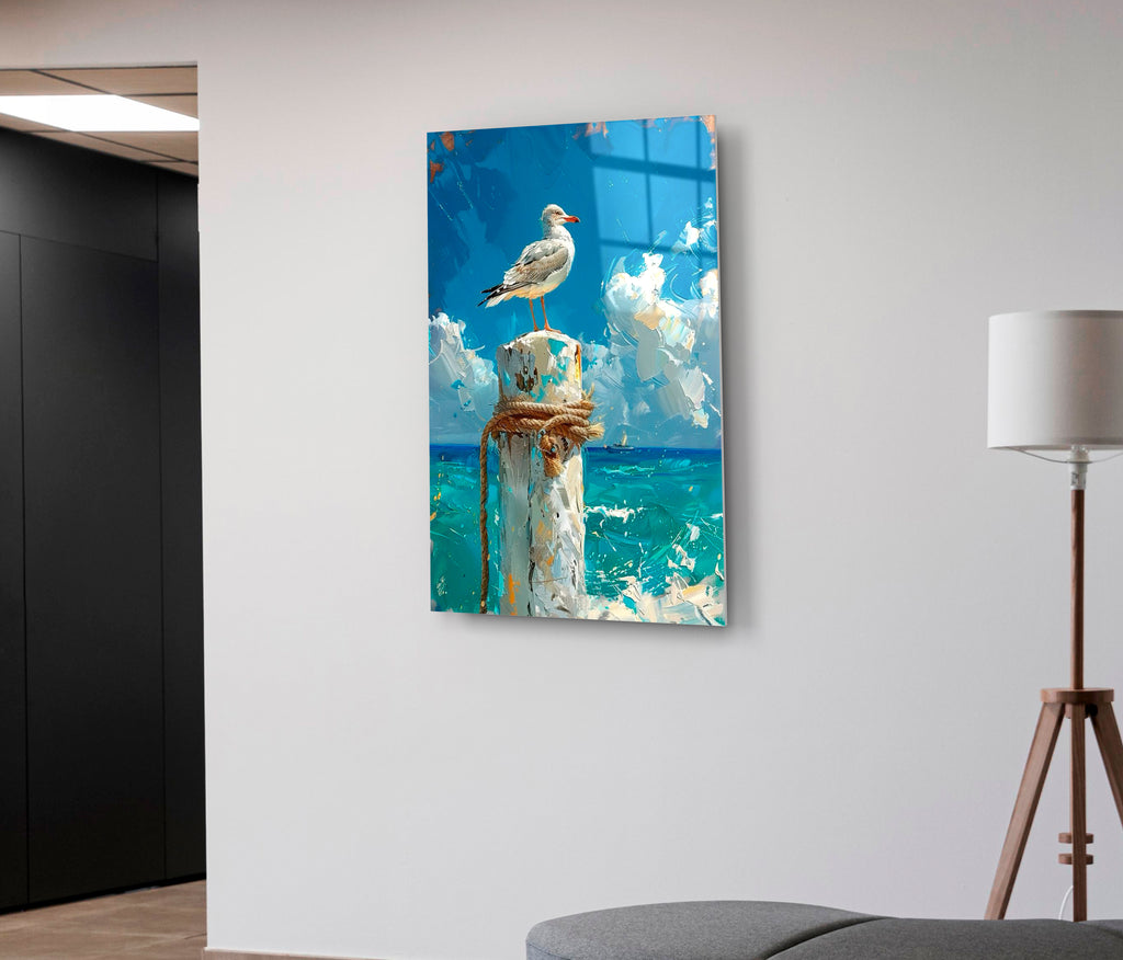 Seagull on Ocean Pier Post Glass Wall Art in a living room interior