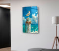 Seagull on Ocean Pier Post Glass Wall Art in a living room interior