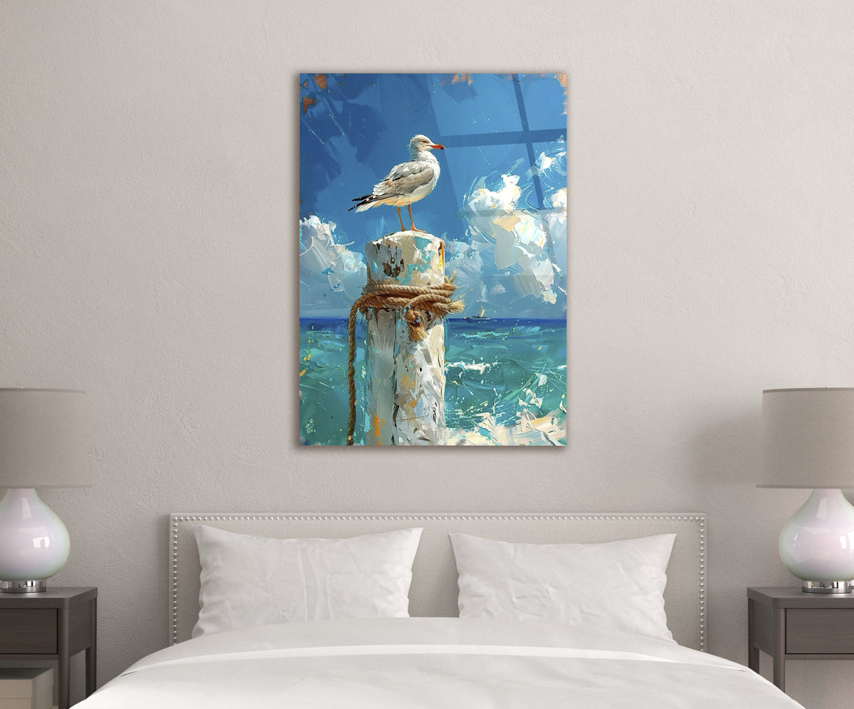 Seagull on Ocean Pier Post Glass Wall Art in a modern interior