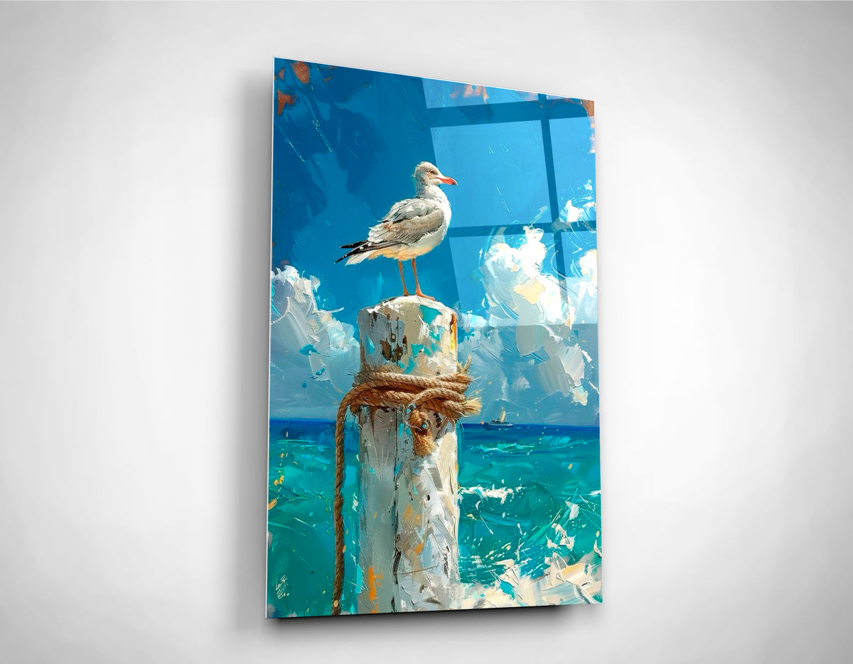 Seagull on Ocean Pier Post Glass Wall Art close-up